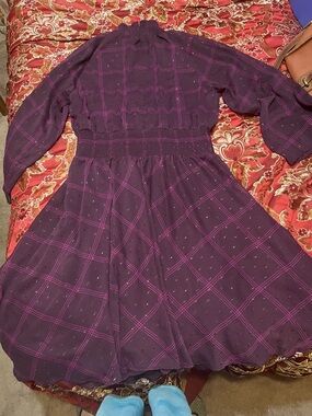Calvin Klein Plum Plaid Long-Sleeve Smocked-Waist Dress